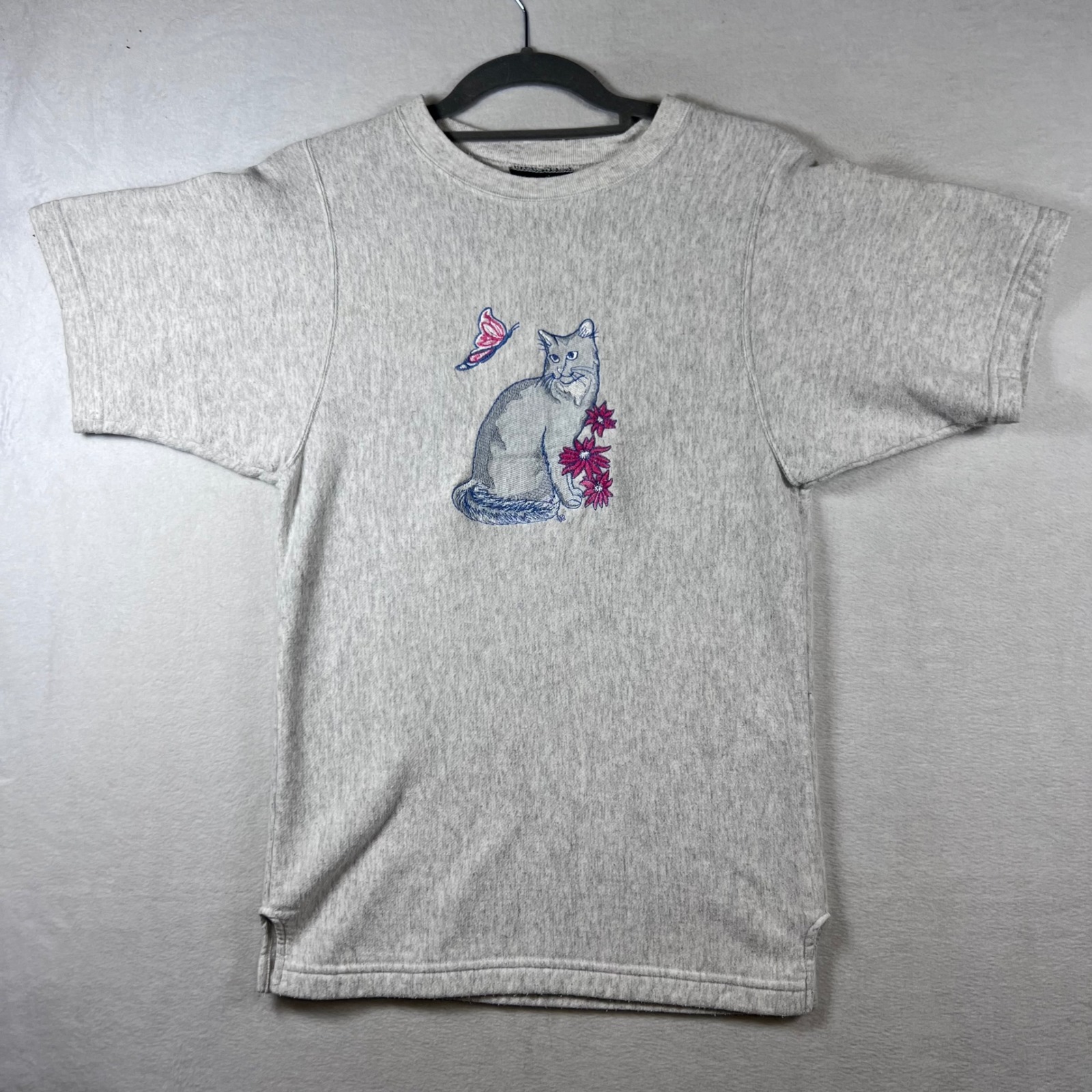 Vintage B-Wear Sports Wear Cat Butterfly Embroidered Short Sleeve Sweatshirt S